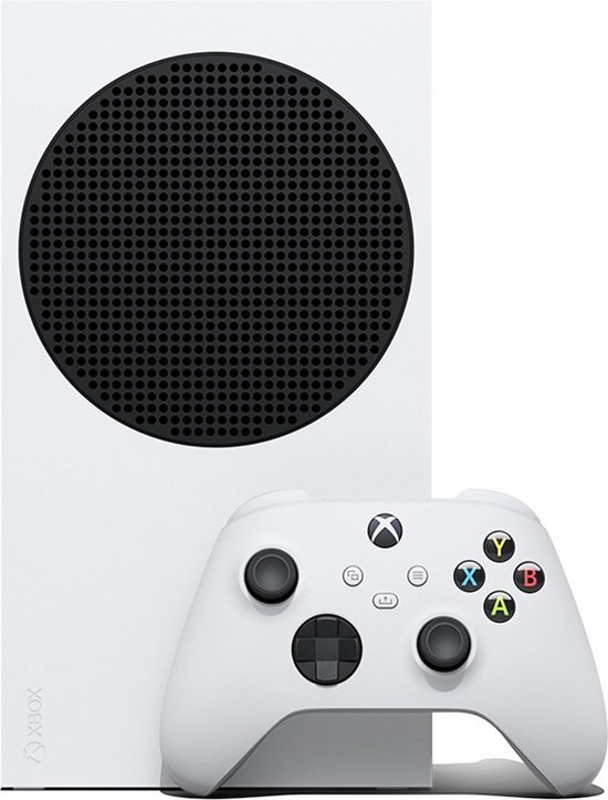 Witte Xbox Series S console met een witte controller ervoor.