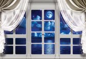 Fotobehang - Vlies Behang - Uitzicht op de Sterren en de Zee in de Nacht vanuit het Raam 3D - 254 x 184 cm