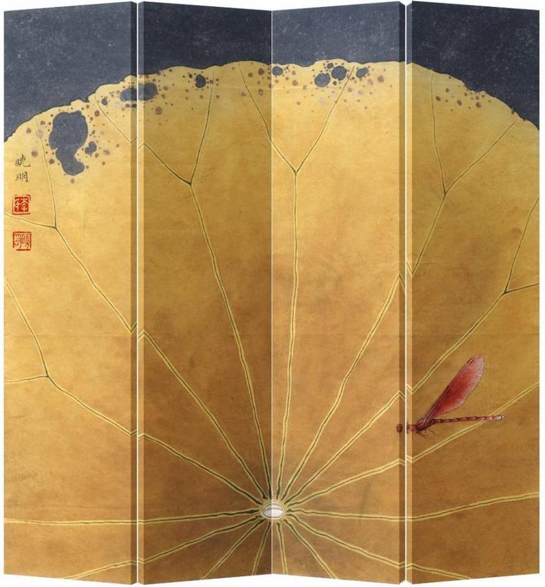 Fine Asianliving Chinees Kamerscherm Oosters Scheidingswand B160xH180cm 4 Panelen Gouden Lotusblad met Libelle Geel, Multicolour