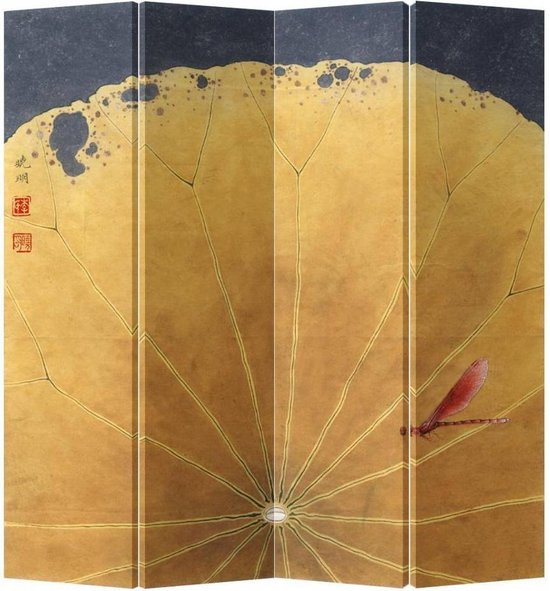 Fine Asianliving Chinees Kamerscherm Oosters Scheidingswand B160xH180cm 4 Panelen Gouden Lotusblad met Libelle