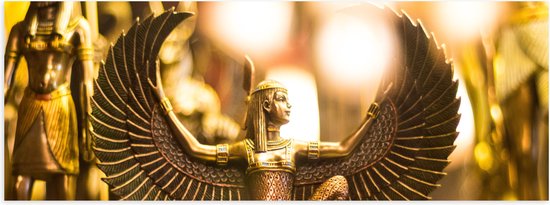 Poster Glanzend – Gouden Egyptisch Isis Beeldje - 120x40 cm Foto op Posterpapier met Glanzende Afwerking