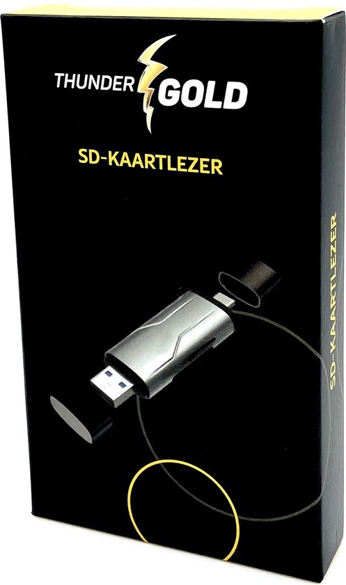 De verpakking van de ThunderGold SD-kaartlezer met een afbeelding van de zilveren kaartlezer.