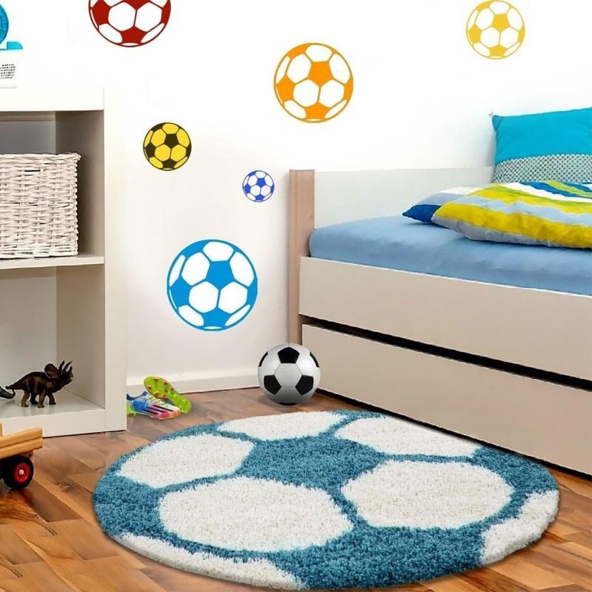 Kinderkleed met voetbaldesign, turquoise kleur, kleed voor de kinderkamer, jute achterkant, afmeting: 120 cm rond