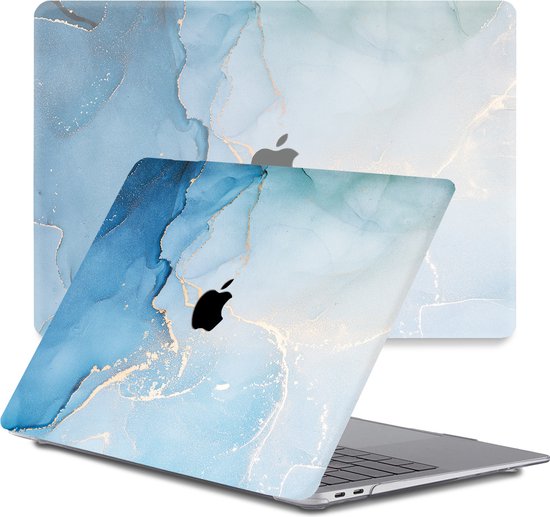 MacBook Air 13 pouces (2020) avec un imprimé marbre bleu et or. La coque recouvre l'ordinateur.