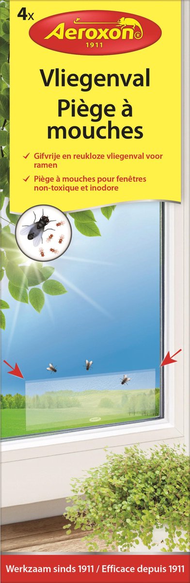 Aeroxon – Vliegensticker – Voor venster – Vliegenval - Vliegenvanger - Vliegenvangers plakstrip – Vliegen raamstickers - 4 stuks