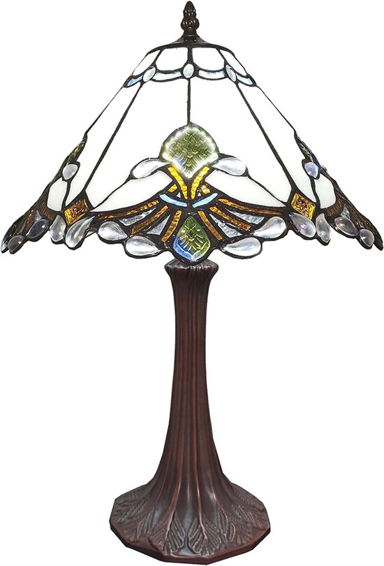 HAES DECO - Tiffany Tafellamp Ø 31x49 cm Wit Bruin Glas Kunststof Tiffany Bureaulamp Tiffany Lampen Glas in Lood