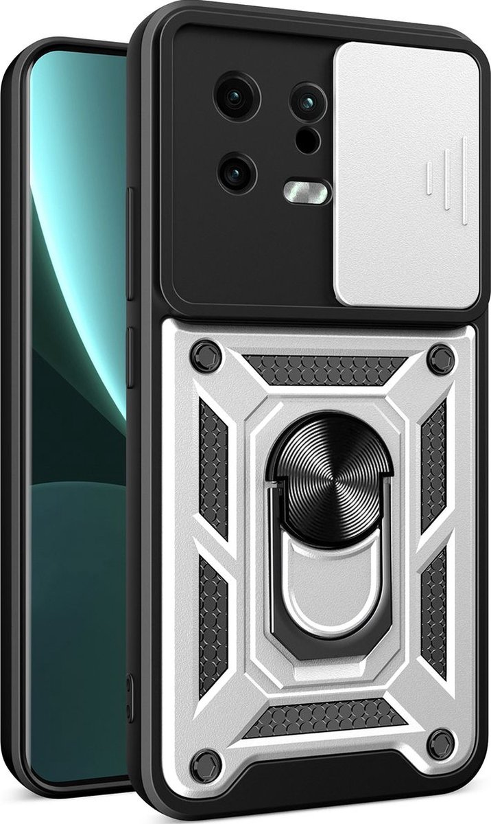 Mobigear Hoesje geschikt voor Xiaomi 13 Telefoonhoesje Hardcase | Mobigear Armor Ring Cam Slide Backcover Shockproof met Ringhouder en Camera Slider | Schokbestendig 13 Telefoonhoesje | Anti Shock Proof - Zilver