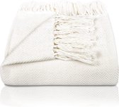 Premium sprei met franjes - 100% katoen - 150 x 200 cm - zomerdeken met visgraatpatroon - katoenen deken als sprei, sprei, bankdeken (crème)
