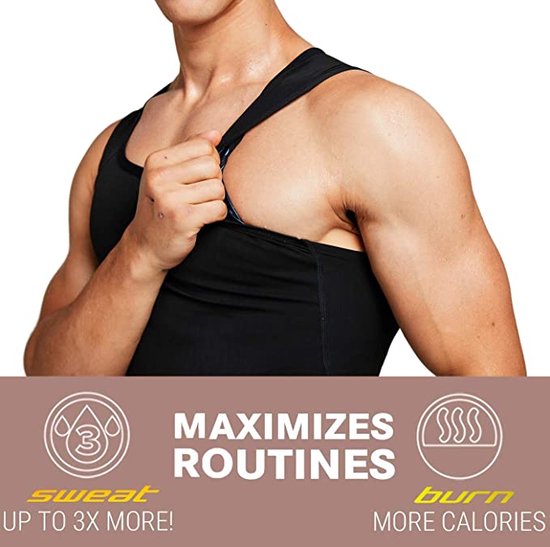 Man toont het zweetvest en de tekst 'MAXIMIZES ROUTINES' en 'UP TO 3X MORE SWEAT' en 'BURN MORE CALORIES'.