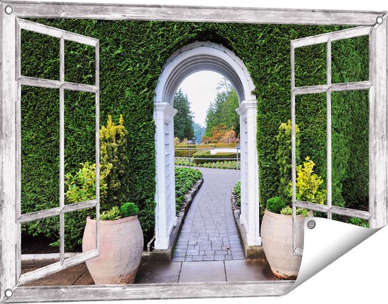 Gards Tuinposter Doorkijk Doorkijk met Potten - 90x60 cm - Tuindoek - Tuindecoratie - Wanddecoratie buiten - Tuinschilderij
