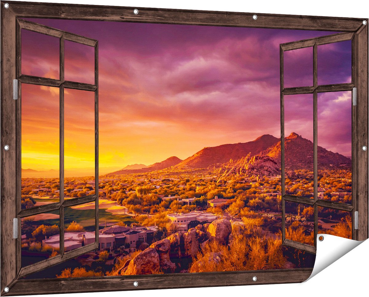 Gards Tuinposter Doorkijk Woestijn Landschap met Zonsondergang - 150x100 cm - Tuindoek - Tuindecoratie - Wanddecoratie buiten - Tuinschilderij Donker bruin