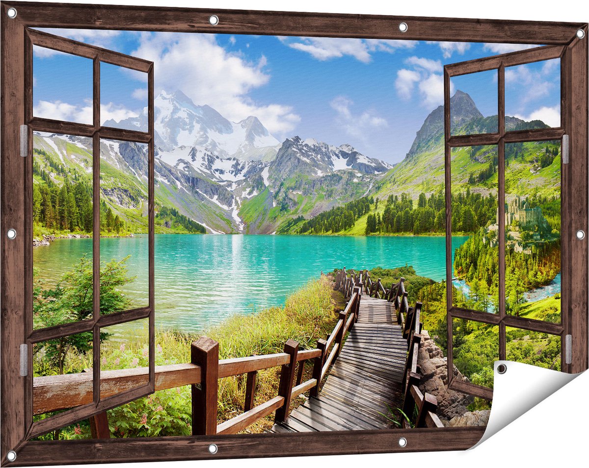 Gards Tuinposter Doorkijk Pad naar een Helder Blauw Meer in de Bergen - 120x80 cm - Tuindoek - Tuindecoratie - Wanddecoratie buiten - Tuinschilderij Donker bruin