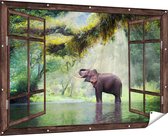 Gards Tuinposter Doorkijk Vrolijke Olifant in het Water - 180x120 cm - Tuindoek - Tuindecoratie - Wanddecoratie buiten - Tuinschilderij