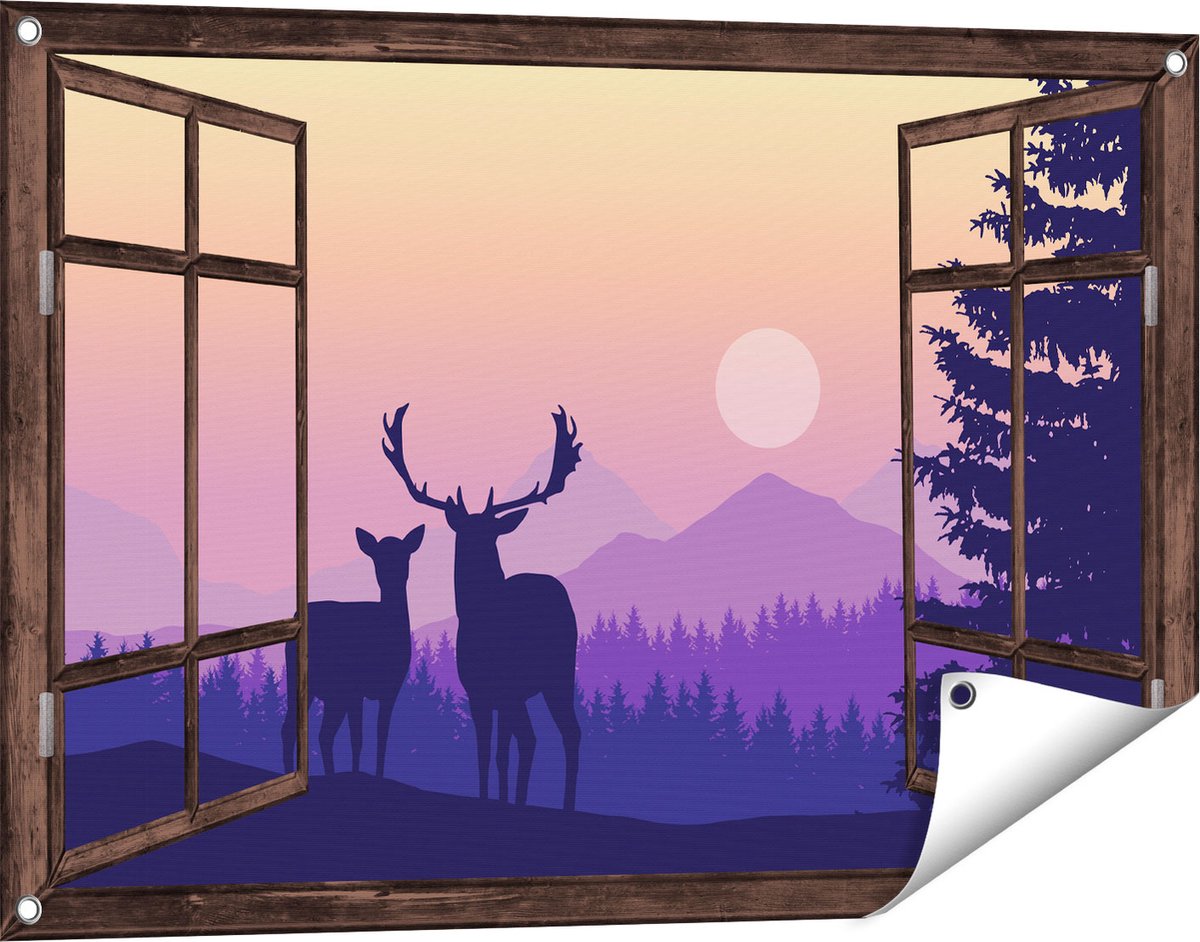 Gards Tuinposter Doorkijk Twee Herten - Zonsondergang - Silhouet - 90x60 cm - Tuindoek - Tuindecoratie - Wanddecoratie buiten - Tuinschilderij Donker bruin