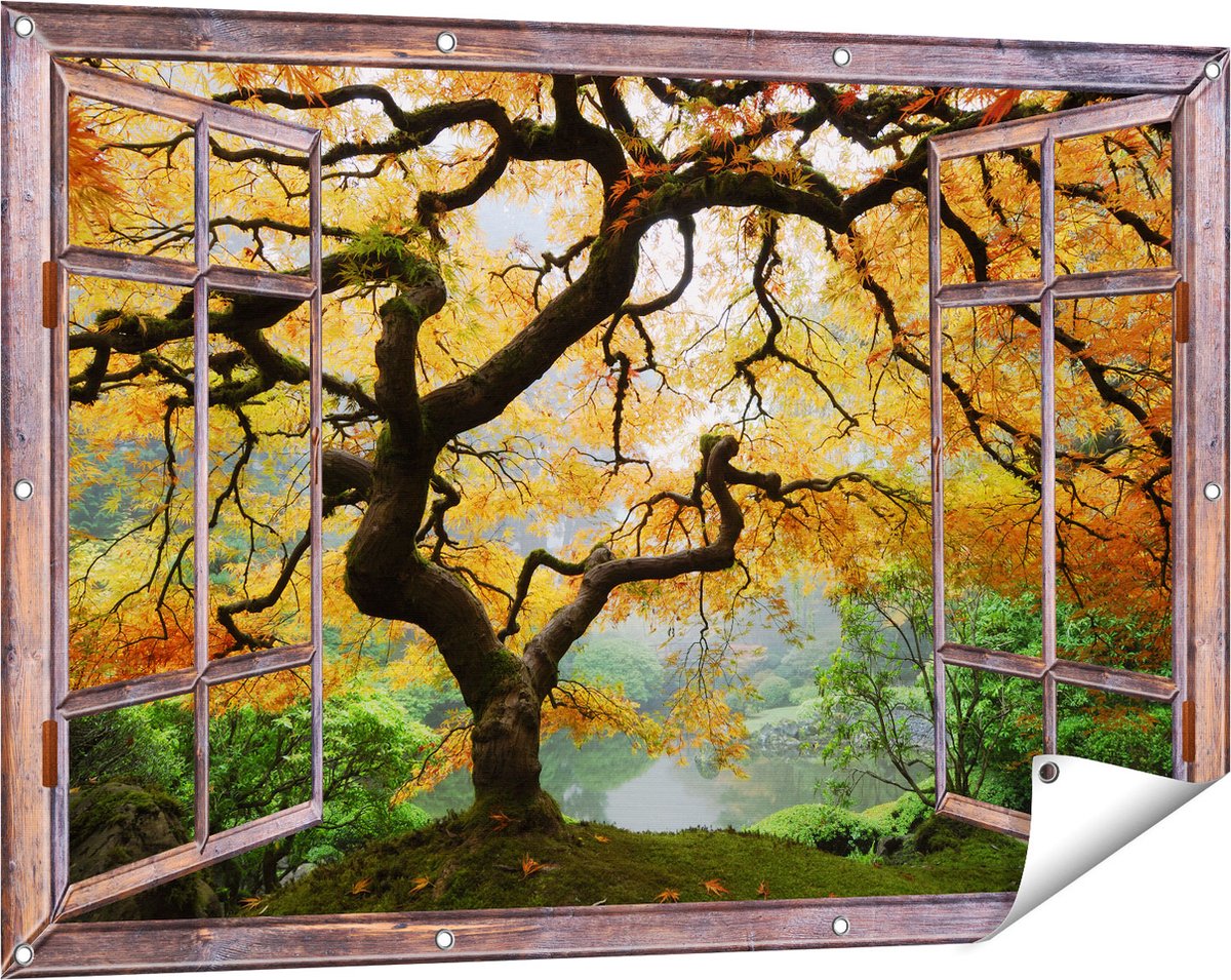 Gards Tuinposter Doorkijk Oude Knoestige Boom - 120x80 cm - Tuindoek - Tuindecoratie - Wanddecoratie buiten - Tuinschilderij Bruin