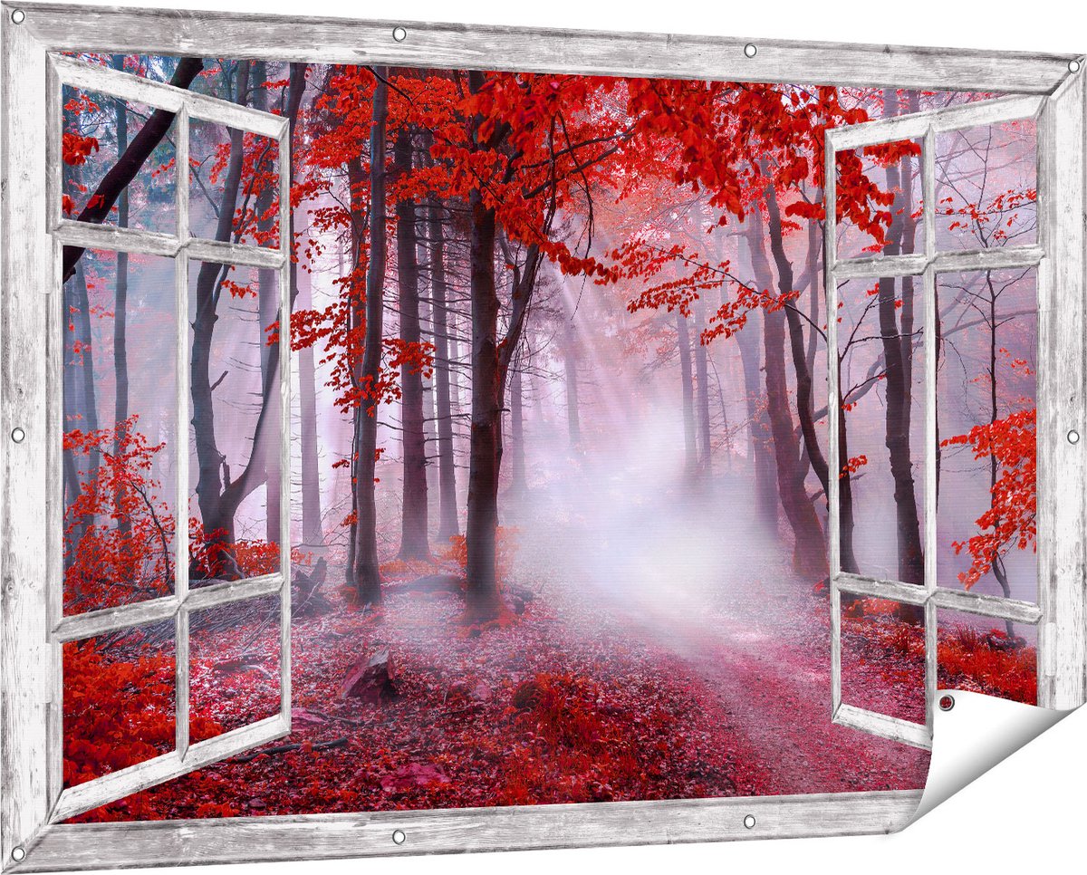 Gards Tuinposter Doorkijk Rood Bos met Bomen - 150x100 cm - Tuindoek - Tuindecoratie - Wanddecoratie buiten - Tuinschilderij Grijs