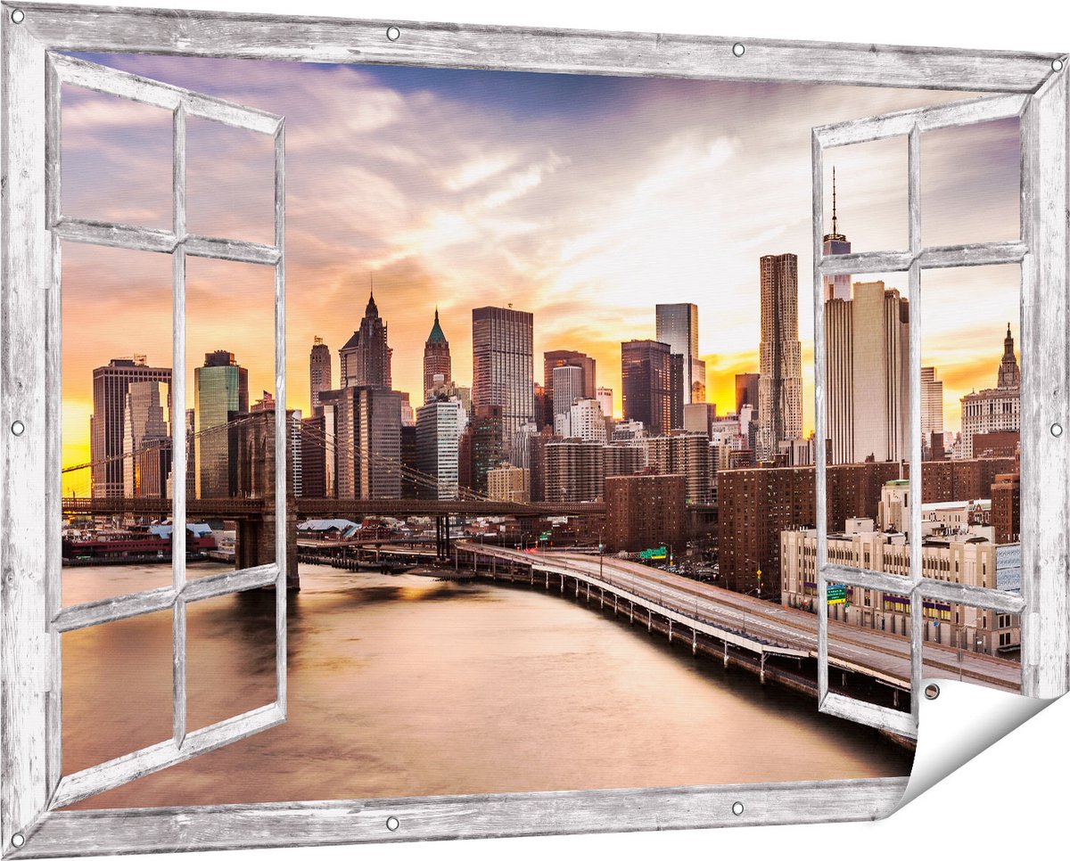 Gards Tuinposter Doorkijk Brooklyn Bridge Brug in New York - 150x100 cm - Tuindoek - Tuindecoratie - Wanddecoratie buiten - Tuinschilderij Grijs
