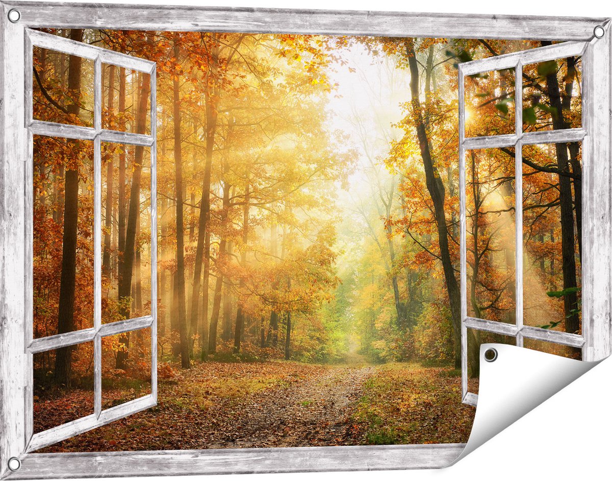 Gards Tuinposter Doorkijk Herfstbos met Zonneschijn - 90x60 cm - Tuindoek - Tuindecoratie - Wanddecoratie buiten - Tuinschilderij Grijs