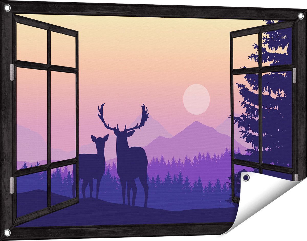 Gards Tuinposter Doorkijk Twee Herten - Zonsondergang - Silhouet - 90x60 cm - Tuindoek - Tuindecoratie - Wanddecoratie buiten - Tuinschilderij Zwart