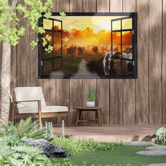 Gards Affiche de jardin Troupeau de vaches en pâturage au coucher du soleil - 150x100 cm - Toile jardin - Décoration de jardin - Décoration murale extérieur - Tableau jardin