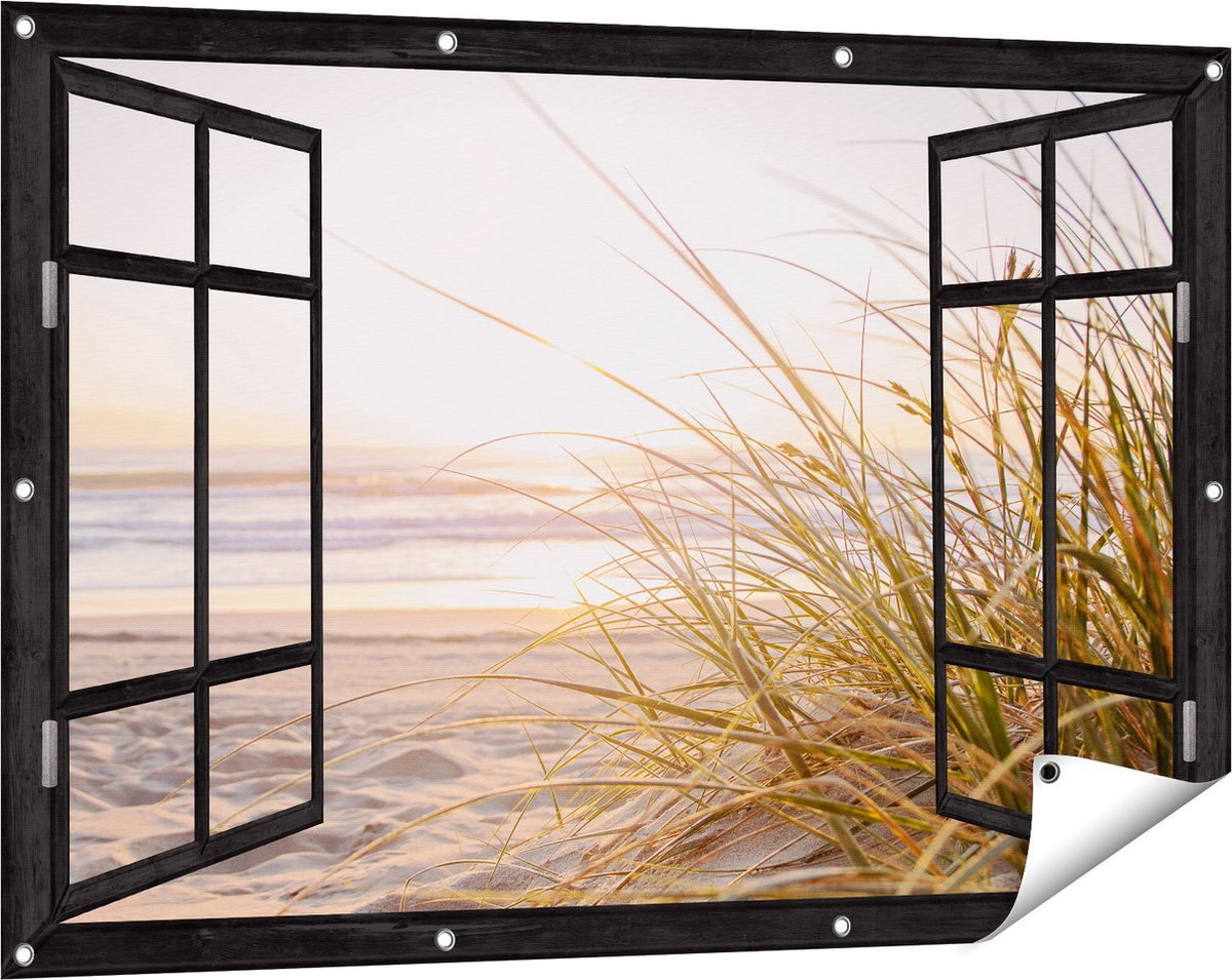 Gards Tuinposter Doorkijk Strand en Duinen tijdens Zonsondergang - 120x80 cm - Tuindoek - Tuindecoratie - Wanddecoratie buiten - Tuinschilderij zwart