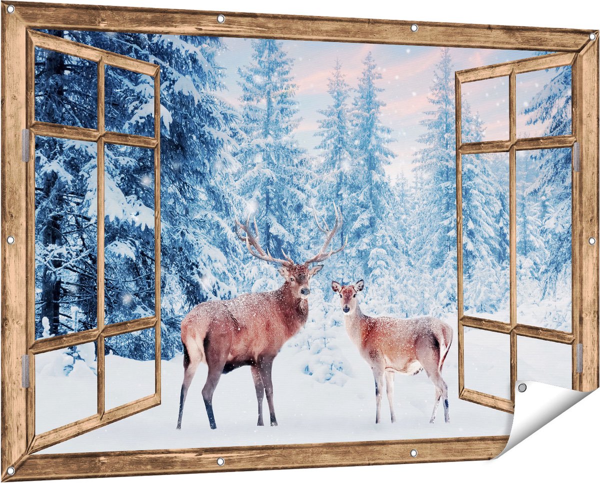 Gards Tuinposter Doorkijk Twee Herten in het Bos met Sneeuw - 150x100 cm - Tuindoek - Tuindecoratie - Wanddecoratie buiten - Tuinschilderij licht bruin