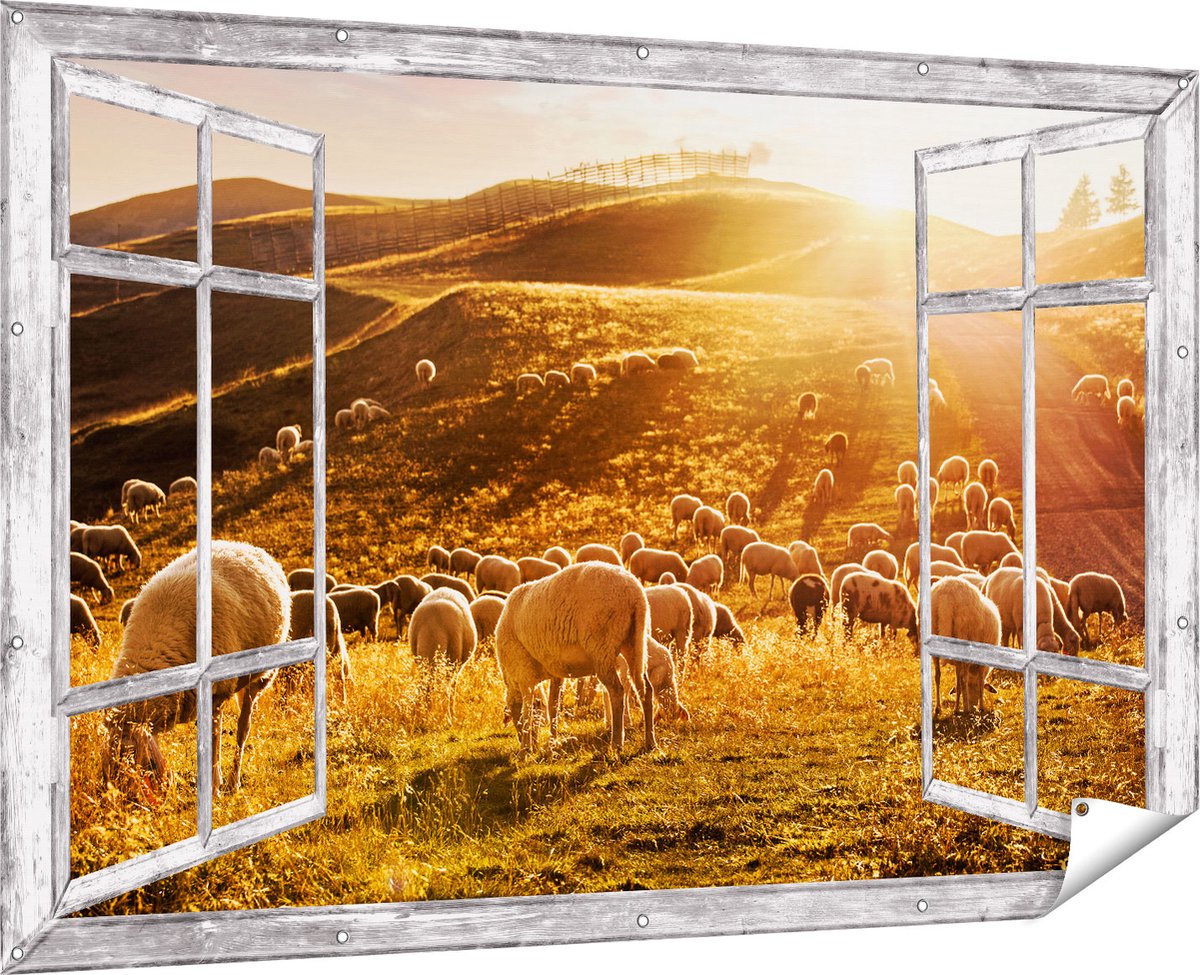 Gards Tuinposter Doorkijk Schapen in de Heuvels bij Zonsondergang - 180x120 cm - Tuindoek - Tuindecoratie - Wanddecoratie buiten - Tuinschilderij Multikleur