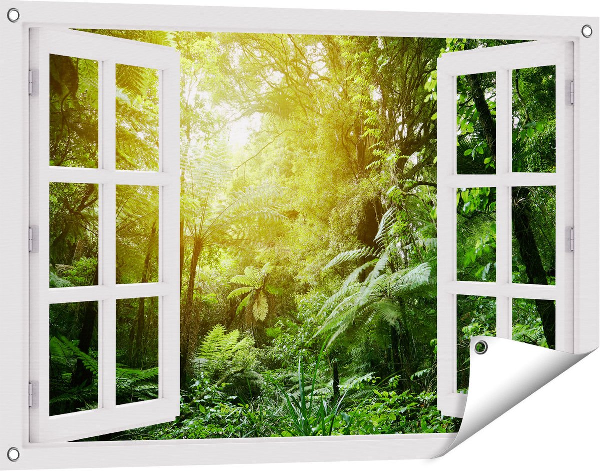Gards Tuinposter Doorkijk Tropische Jungle met Zonneschijn - 90x60 cm - Tuindoek - Tuindecoratie - Wanddecoratie buiten - Tuinschilderij Wit