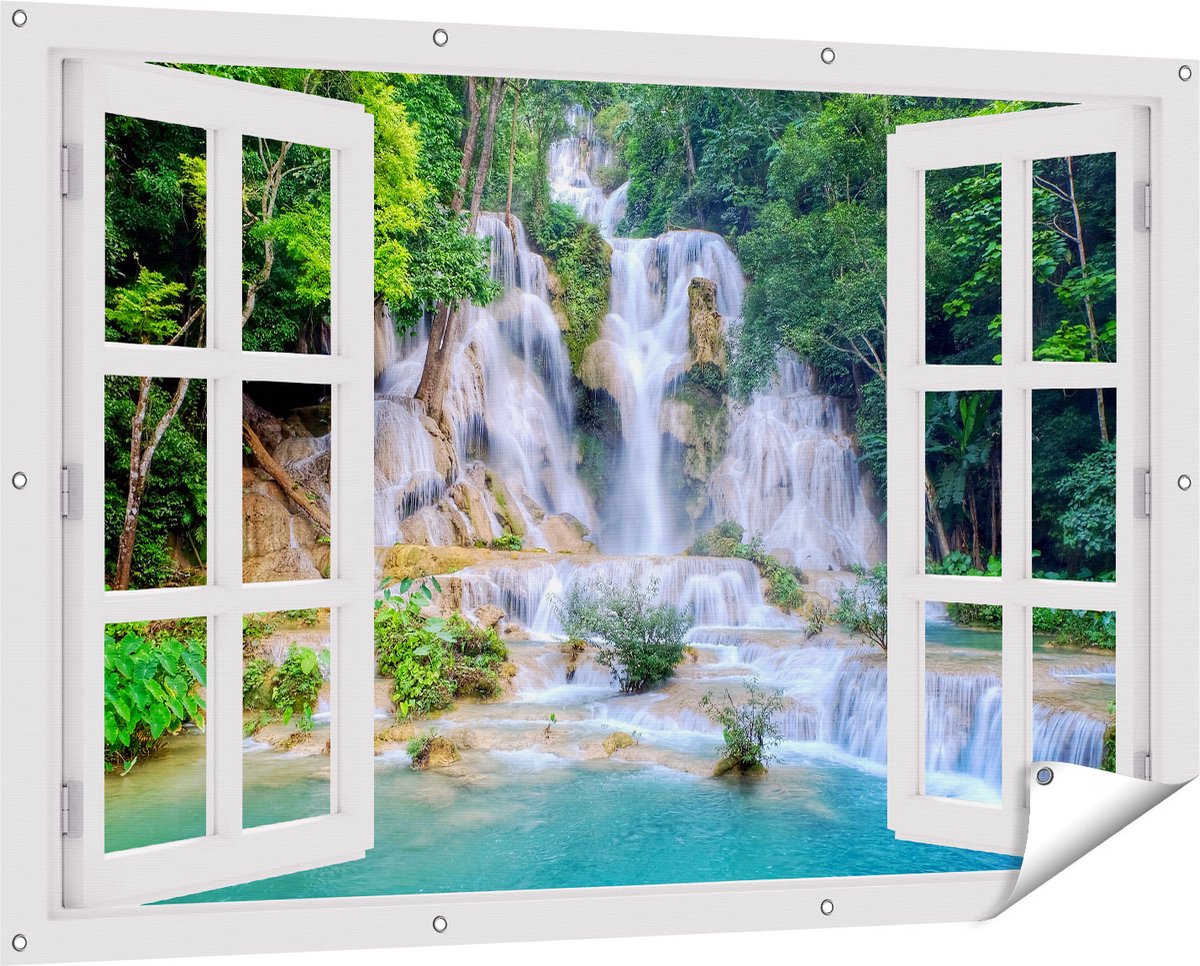 Gards Tuinposter Doorkijk Waterval in het Tropische Natuur - 150x100 cm - Tuindoek - Tuindecoratie - Wanddecoratie buiten - Tuinschilderij Wit