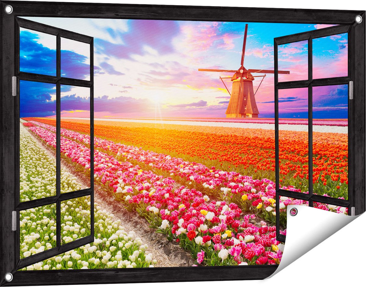 Gards Tuinposter Doorkijk Kleurrijke Bloemenveld met een Windmolen - 90x60 cm - Tuindoek - Tuindecoratie - Wanddecoratie buiten - Tuinschilderij Zwart