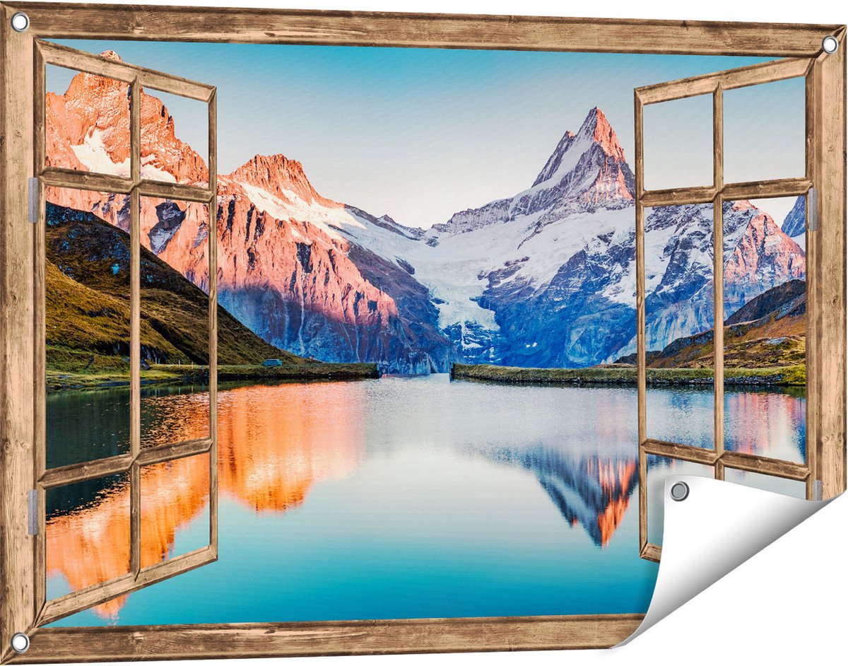 Gards Tuinposter Doorkijk Bergen Landschap bij het Meer - 90x60 cm - Tuindoek - Tuindecoratie - Wanddecoratie buiten - Tuinschilderij Licht bruin