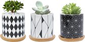 7,5 cm sappige bloempot, geometrische patroon keramische cactus bloempot, kleine indoor/outdoor plantenpot met bamboe plaat, set van 3