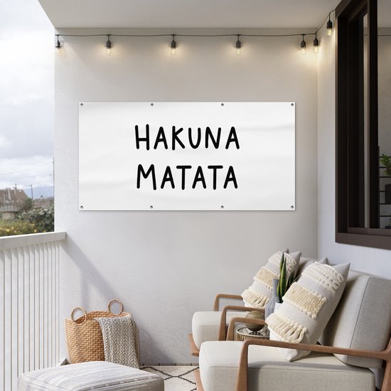 Tuinposter tekst - Hakuna matata - Hartje - Wit - Tuinschilderij voor buiten - Tuindoek - Tuin - Tuindecoratie - Schutting decoratie - 160x80 cm - Schuttingdoek - Buitenposter