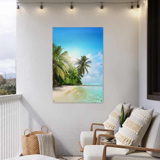 Tuinposter 80x120 cm - Tuindecoratie Zee - Palmboom - Strand - Tropisch - Blauw - Groen - Poster voor in de tuin - Buiten decoratie - Schutting tuinschilderij - Tuindoek muurdecoratie - Wanddecoratie balkondoek
