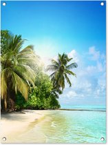 Tuinschilderij Zee - Palmboom - Strand - Tropisch - Blauw - Groen - 60x80 cm - Tuinposter - Tuindoek - Buitenposter