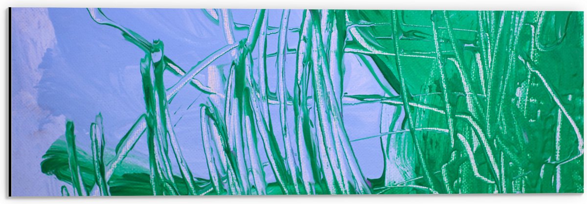 Dibond - Groen met Blauwe Verf op Doek - 60x20 cm Foto op Aluminium (Met Ophangsysteem)