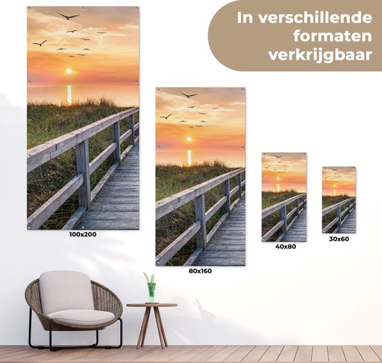 Affiche clôture Coucher de soleil - Mer - Chemin - Herbe - Dune - Vogels - 100x200 cm - Toile jardin