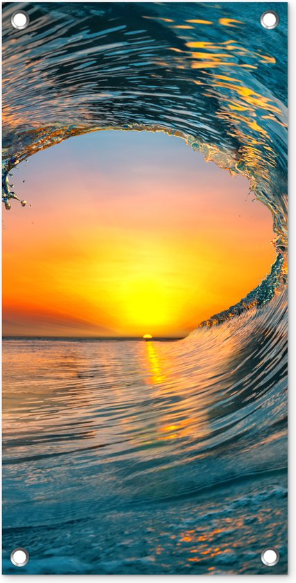 Tuinposter Zonsondergang - Water - Golf - Oranje - 30x60 cm - Tuindoek - Buitenposter