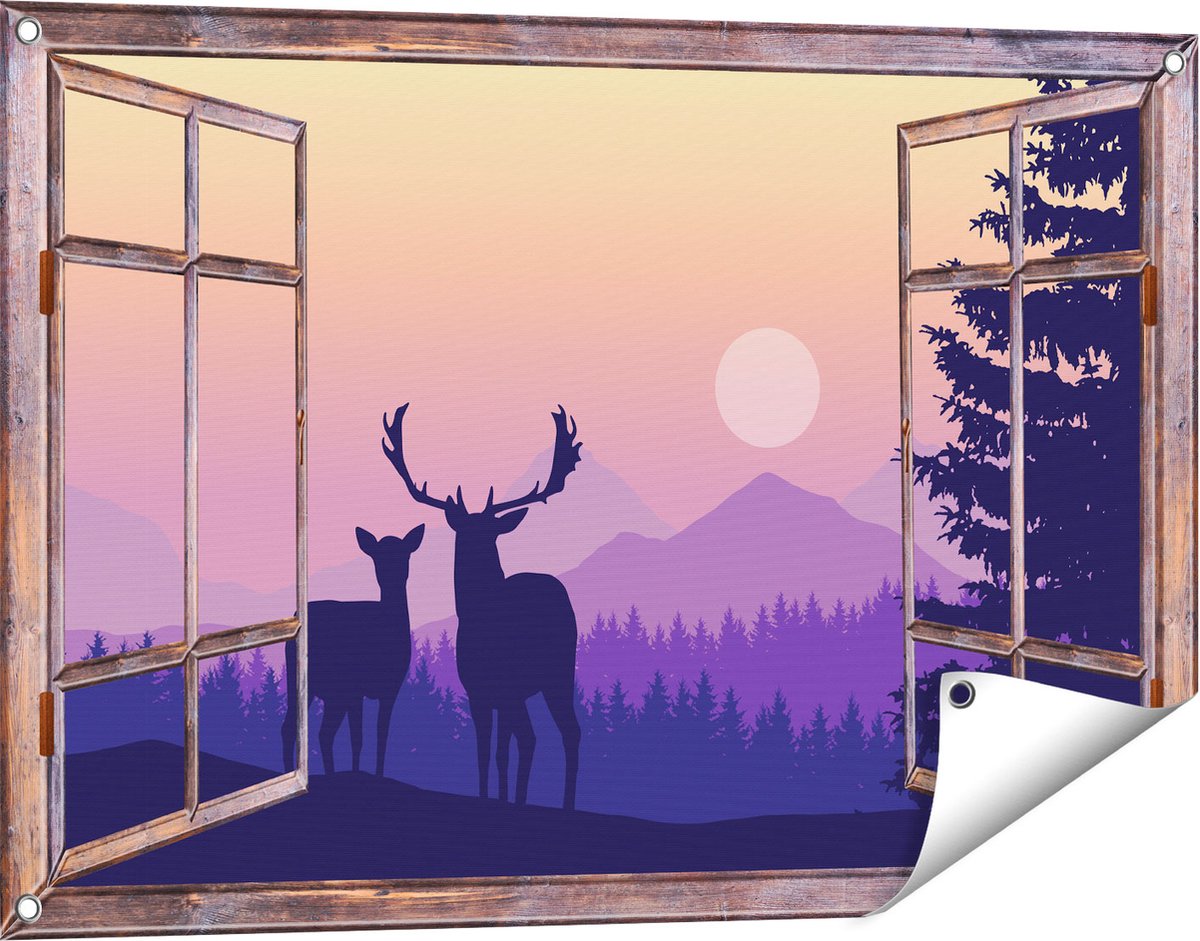 Gards Tuinposter Doorkijk Twee Herten - Zonsondergang - Silhouet - 90x60 cm - Tuindoek - Tuindecoratie - Wanddecoratie buiten - Tuinschilderij bruin
