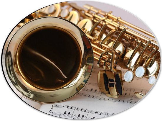 Dibond Ovaal - Deel van Gouden Trompet op Notenbladen - 40x30 cm Foto op Ovaal (Met Ophangsysteem)