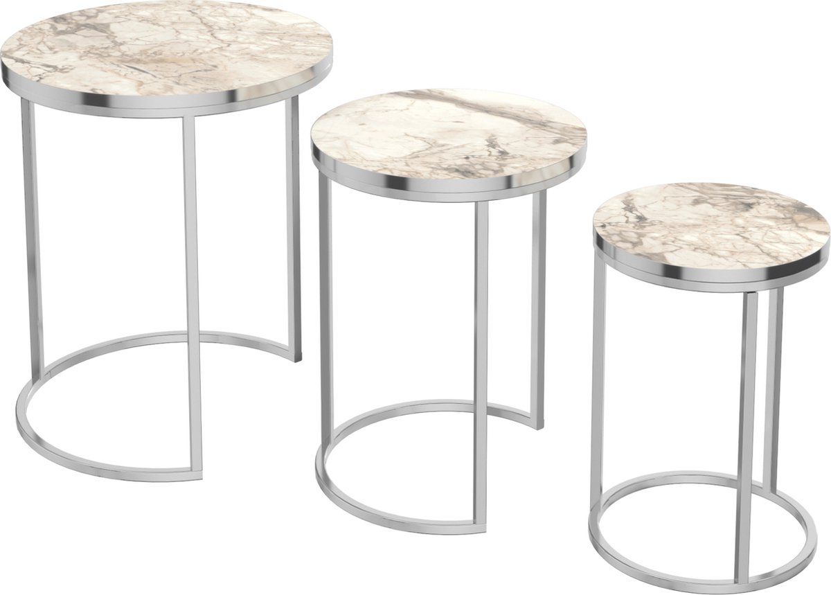 en.casa Bijzettafel Bornholm set van 3 rond marmer wit en zilverkleurig