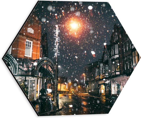 Dibond Hexagon - Straten in de Nacht met Regen - 30x26.1 cm Foto op Hexagon (Met Ophangsysteem)