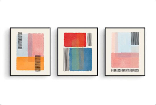 Postercity - Poster set 3 Abstract gekleurde kunst met lijnen blauw roze rood oranje - Abstracte Kunst - 30x21cm / A4