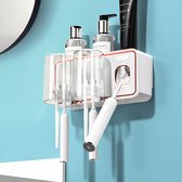 Tandenborstelhouder voor aan de muur met automatische tandpastadispenser, 2 tandenborstelbekers, 4 tandenborstelsleuven en een groot opbergvak
