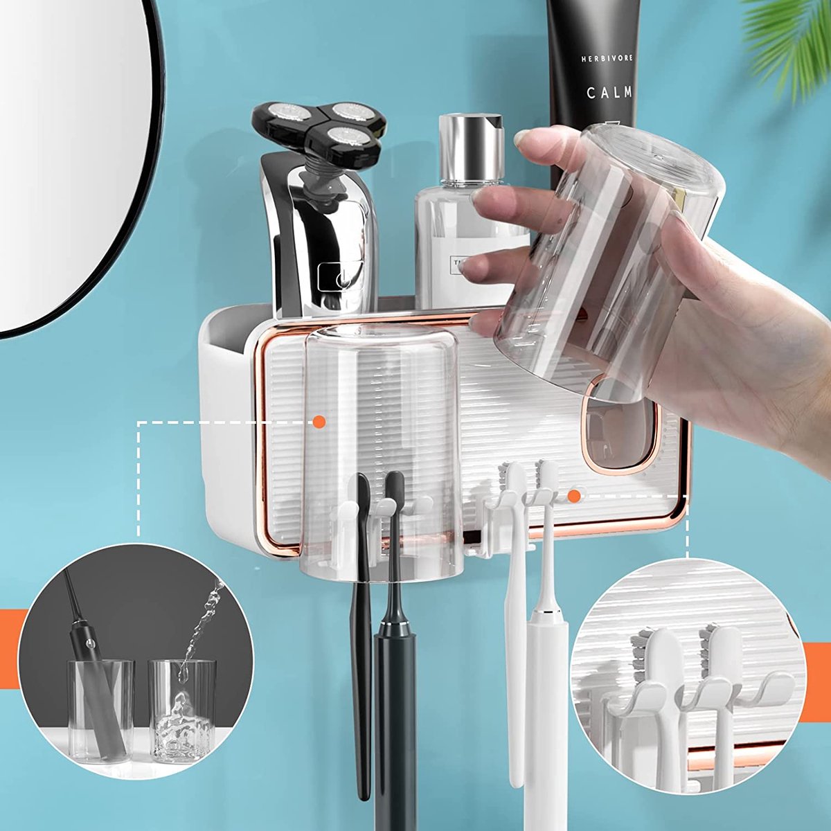 Ecoco Tandenborstelhouder Voor Wandmontage Met 2 Tandpastadispenser 4 Kopjes En 5 Tandenborstelsleuven Toiletartikelen Opbergrek Nr303632