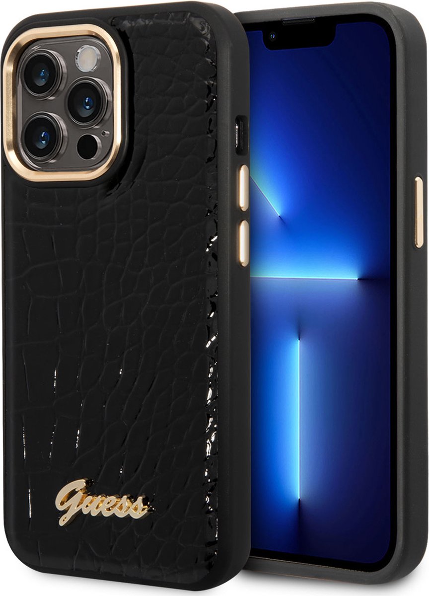 Guess Apple iPhone 14 Pro Smartphonehoesje - Zwart Pu Leer Back Cover - Bescherming Telefoon