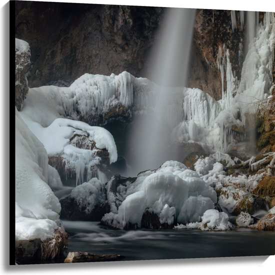 WallClassics - Canvas - Lichtstralen op Sneeuw in Grot - 100x100 cm Foto op Canvas Schilderij (Wanddecoratie op Canvas)