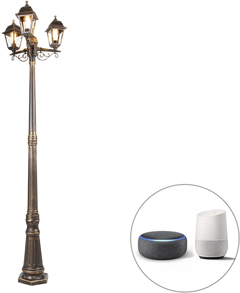 QAZQA capital - Klassieke LED Smart Lantaarn incl. wifi - 3 lichts - H 216 cm - Goud/messing - Buitenverlichting