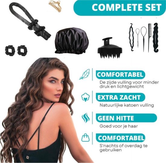 BeautyFit ® - Heatless Curls - 12-delig Krulspelden - Inclusief E-book - Mist Verstuiver - Scalp Massager - Bonnet - Haarrollers - Krulspelden Rollers - Curling Ribbon - Bekend van TikTok - Zwart - BeautyFit