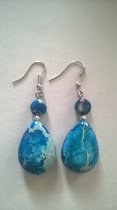 Gemstones-silver natuursteen oorhangers blauwe oceaan jaspis oorbellen druppel 3,5 cm lang 925 sterling zilver haken